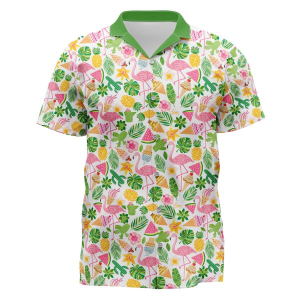 Pink Flamingo Design Full Print Button Down Polo Thumbnail